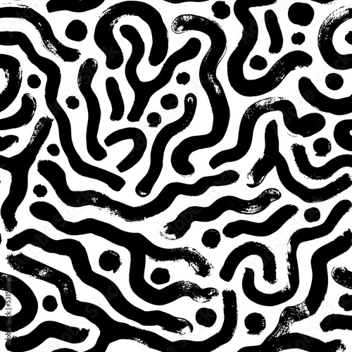 Organic irregular curved lines vector seamless pattern. Hand drawn curved and wavy lines with dots. Fingerprint or bacteria motif. Chaotic ink brush scribbles texture. Hand drawn black brush strokes. 