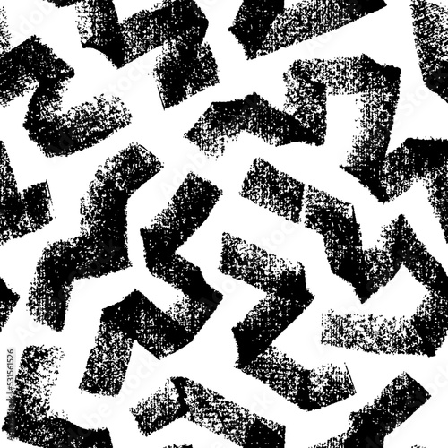 Geometric charcoal ribbons seamless pattern. Hand drawn abstract maze and labyrinth background. Black and white intricate vector pattern with zig zag brush strokes. Noise dry texture with bold lines.