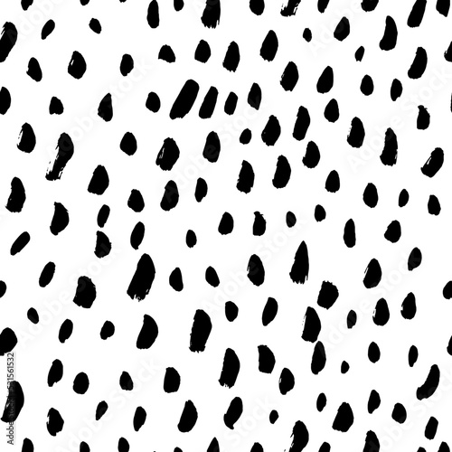 Chaotic uneven spots or dots seamless pattern. Hand drawn brush painted vector stains. Abstract monochrome background with speckles, flecks, stains or dots of different size. Grunge abstract design.