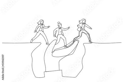 Illustration of giant hand help business people cross the problem gap. metpahor for supportive manager mentor or coach. One line style art