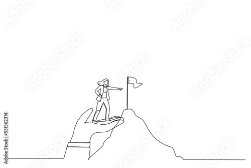 Drawing of businesswoman stand on giant helping hand to reach mountain peak target flag. Single continuous line art style