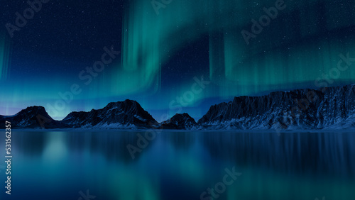 Green Aurora Lights over Winter Terrain. Beautiful Northern Lights Banner with copy-space.
