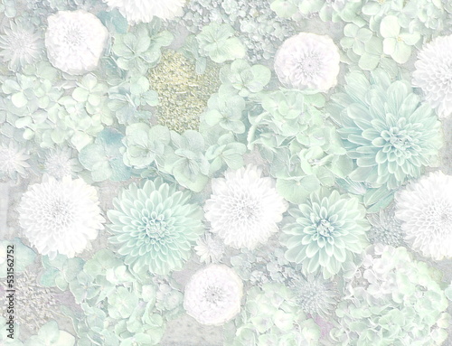 Relief of hydrangeas and dahlias. Floral background. 3D illustration. 3D render