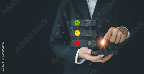 Customer service evaluation concept. Businessman pressing happy icon, Customer service evaluation concept.