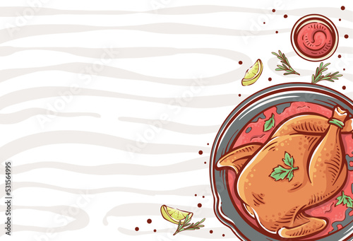 Roasted Chicken Dish illustration with a lemon slice and herb top view. Restaurant Chicken meat hand-drawn vector design