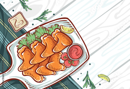 Chicken wing dish illustration top views with wood pattern and cloth background. Chicken Hand-drawn food with lemon slices and herbs in full color. Colorful chicken drawing vector design background