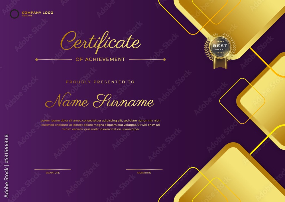 Purple and gold Certificate of achievement template set Background with ...