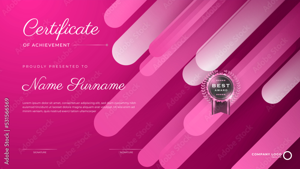 Pink Certificate of achievement template set Background with gold badge