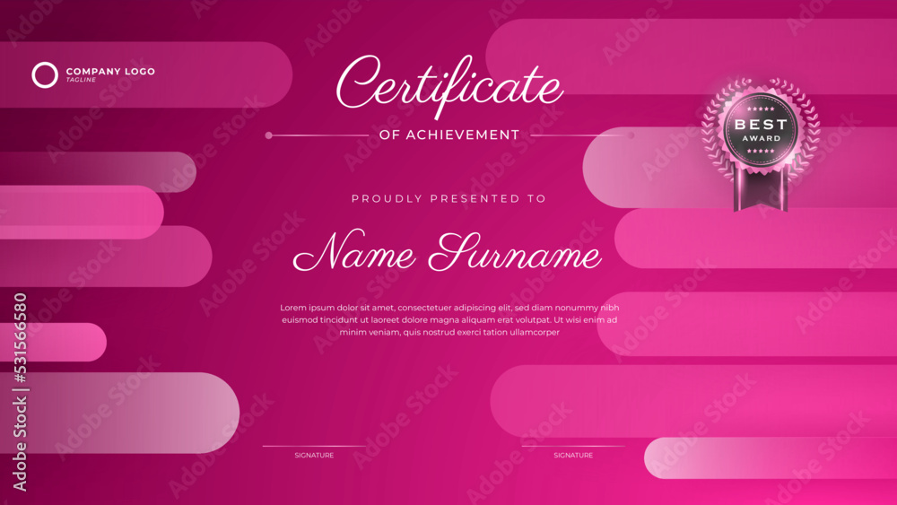 Pink Certificate of achievement template set Background with gold badge ...