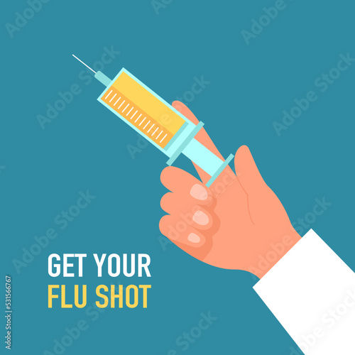 Get your flu shot concept vector illustration. Doctor hand holding injection syringe in flat design.