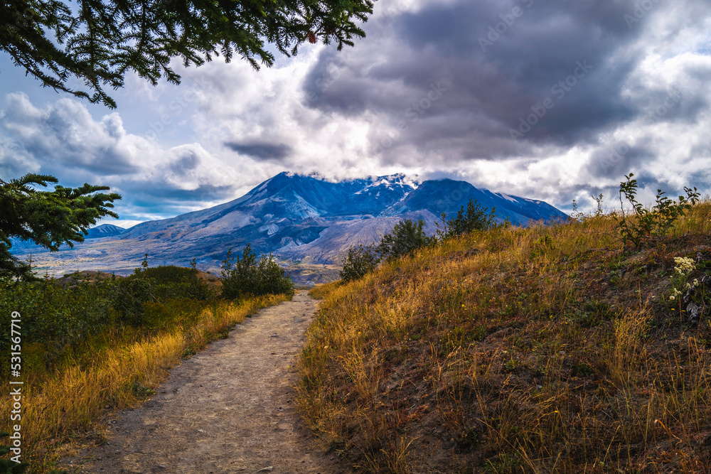 Mt Saint Helens National Volcanic Monument and walking tail in Washington State in autumn Mt Saint Helens National Volcanic Monument and walking tail in Washington State in autumn