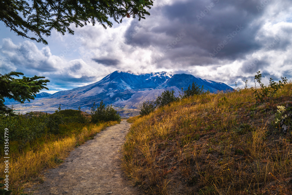 Mt Saint Helens National Volcanic Monument and walking tail in Washington State in autumn