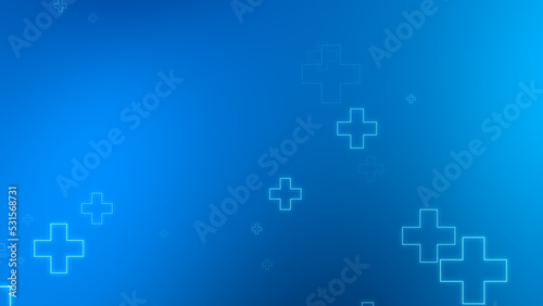 Medical health blue cross neon light shapes pattern background. Abstract healthcare technology and science concept.