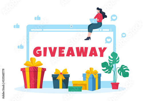 Giveaway Template Hand Drawn Cartoon Flat Illustration with Win a Prize, Surprise Package, Reward and Gift Box Design