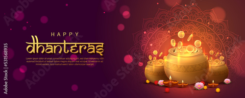 Happy Dhanteras Poster Design Vector Illustration. Illustration of Gold Coin in Pot. Suitable for Greeting Card, Banner, Flyer, Template.  photo