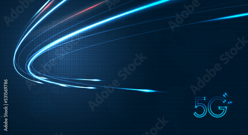 Blue light streak, fiber optic, speed line, futuristic background for 5g or 6g technology wireless data transmission, high-speed internet in abstract. internet network concept. vector design
