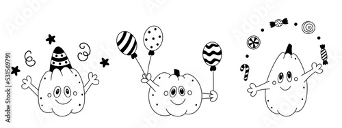 Vector set of doodle cartoon happy pumpkins.Childish festive cliparts for halloween cards,invitation,social media templates.Outline.Isolated on white background.