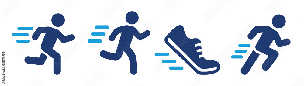 Run icon set. Containing runner and running shoe symbol. Vector ...