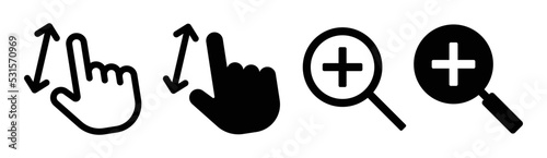 Zoom icon set. Magnifying glass with plus symbol. Scaling resize with hand icon vector illustration.