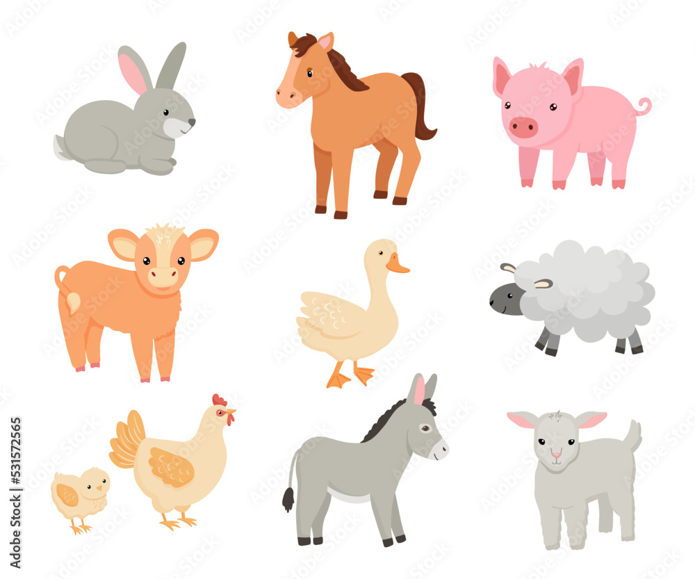 Cute cartoon chicken, donkey, pig, sheep and horse. Vector flat cartoon illustration isolated on white background. Farm animals set
