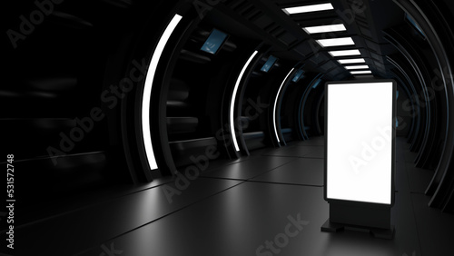Blank mock up vertical billboard or LCD screen floor stand in spaceship or space station interior, Sci Fi tunnel, 3D rendering.