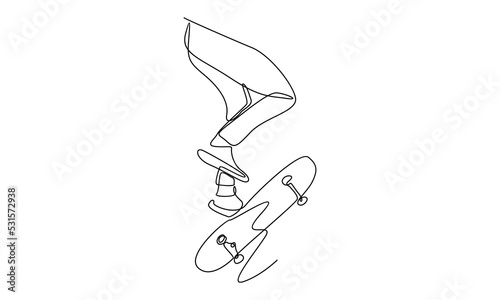continuous line of young cool skateboarder man riding skate and performing jump trick