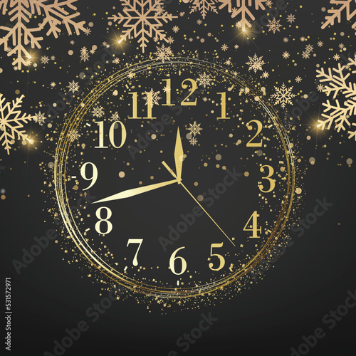 Happy New Year or Xmas background with golden clock. Vector