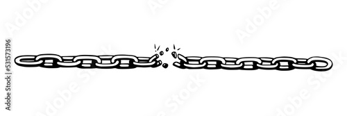 Broken chain with shatters as symbol of strength and freedom. Sketch of metal chains. Vector illustration isolated in white background