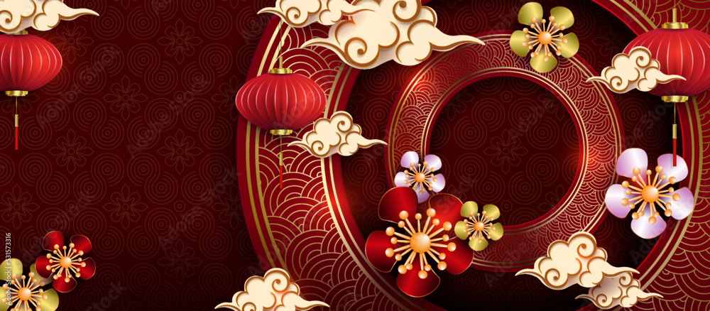 Composition of a round golden frame, flowers and lanterns in the style of paper art
