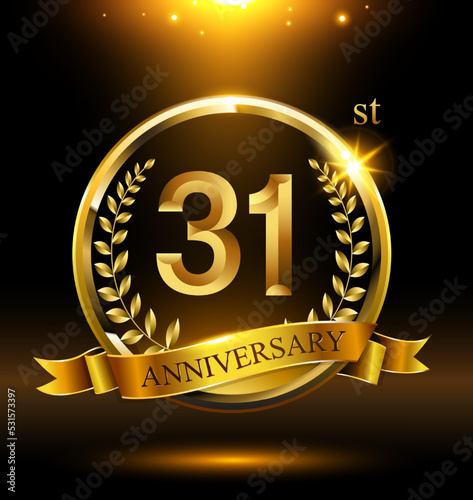 31st golden anniversary logo with ring and ribbon, laurel wreath