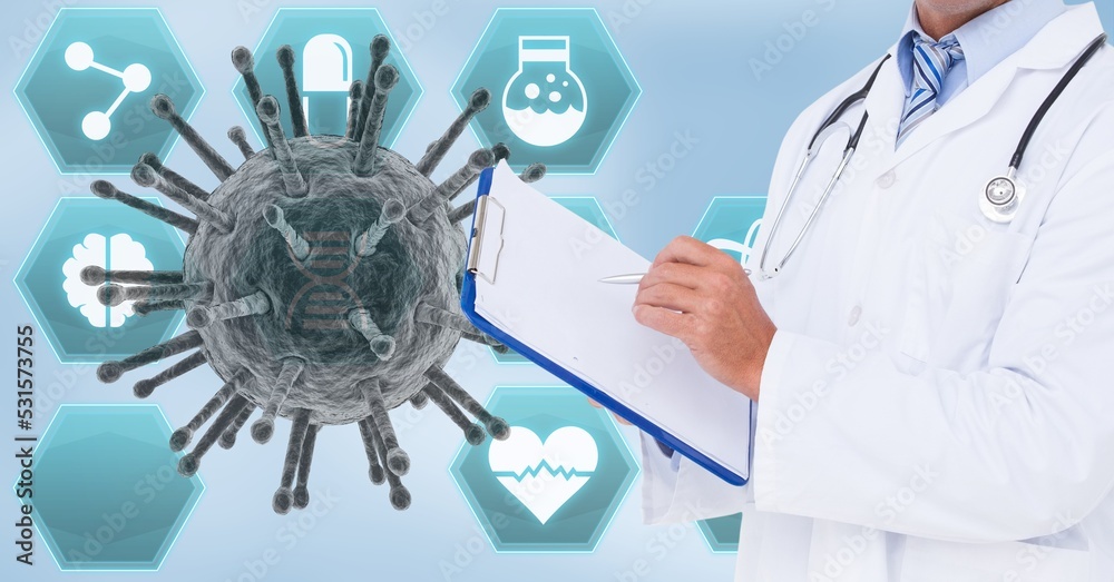 Digital illustration of a doctor holding over macro Coronavirus Covid-19 cell Digital illustration of a doctor holding over macro Coronavirus Covid-19 cell