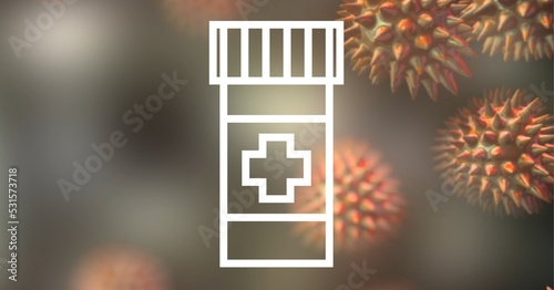 Digital illustration of a jar of medical pills over macro Coronavirus Covid-19 cells 