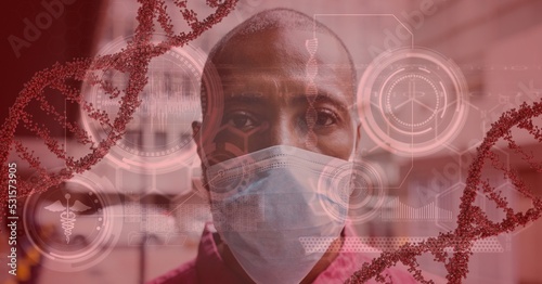 Digital illustration of a man wearing coronavirus covid19 mask over DNA strains and data processing