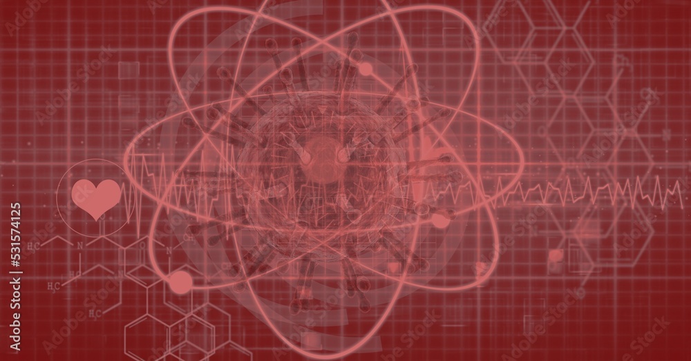 Digital illustration of a coronavirus Covid-19 cell surrounded with circles Digital illustration of a coronavirus Covid-19 cell surrounded with circles