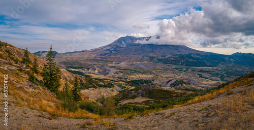 Wildfire smoke and clouds over Mt Saint Helens National Volcanic Monument in Washington State in autumn, a panoramic landscape