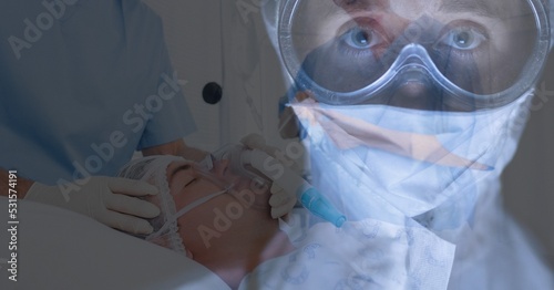 Digital illustration of a doctor wearing a face mask over a patient lying in a hospital bed