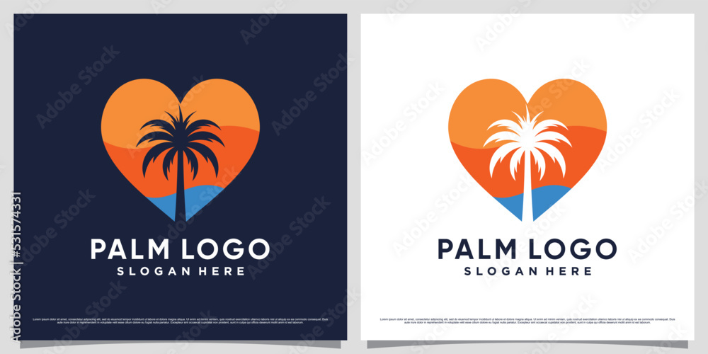 Palm tree icon logo vector illustration with heart shape element and creative unique concept Palm tree icon logo vector illustration with heart shape element and creative unique concept