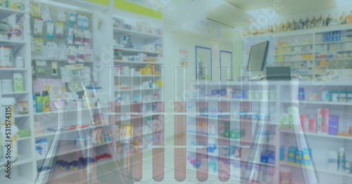 Digital illustration of test tubes over an empty pharmacy in the background