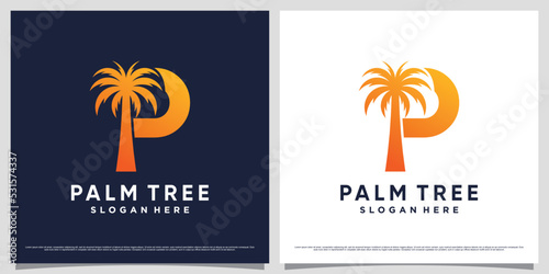 Palm tree logo design vector illustration with initial letter p and creative unique concept