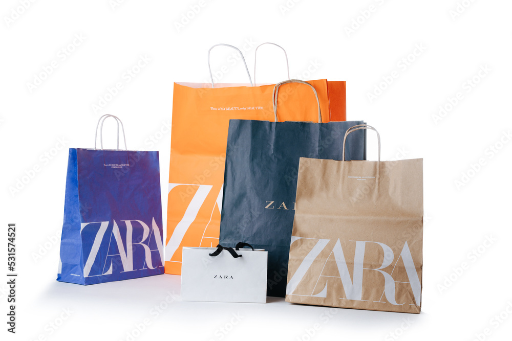 Cyprus, Paphos - SEPTEMBER 08, 2022: Several multicolored Zara paper bag  from famous spanish clothing retailer. Over white background. Photos |  Adobe Stock