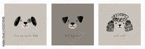 Cute hand drawn dogs portrait - vector print. Cartoon dogs. Funny pet.