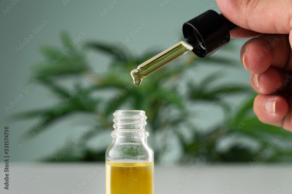 Cannabis sativa hemp leaf with container of CBD oil with dropper lid on white background. Legalized marihuana concept. - obrazy, fototapety, plakaty 