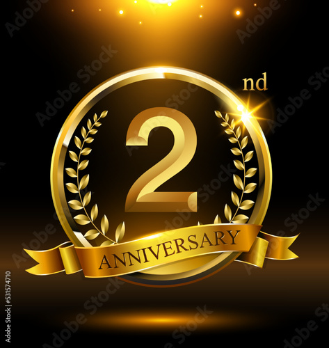 2nd golden anniversary logo with ring and ribbon, laurel wreath