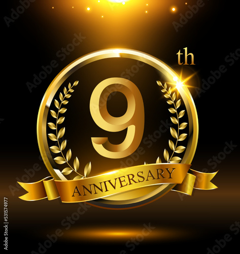 9th golden anniversary logo with ring and ribbon, laurel wreath