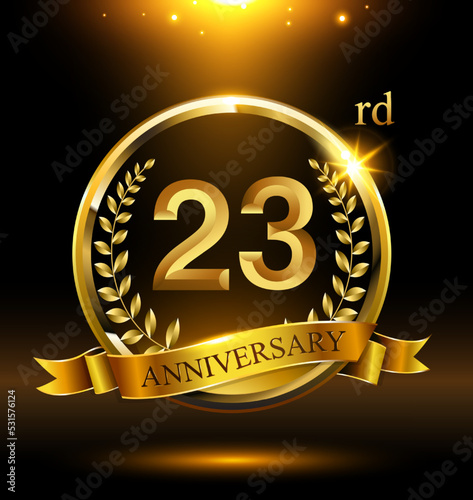 23rd golden anniversary logo with ring and ribbon, laurel wreath photo