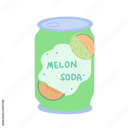 Hand-drawn cute isolated clipart illustration of melon soda can packaging