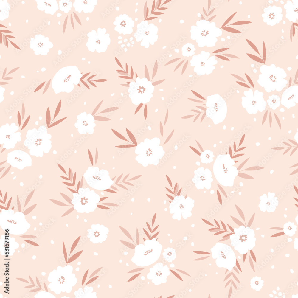 Seamless floral pattern based on traditional folk art ornaments. Colorful flowers on color background. Scandinavian style. Sweden nordic style. Vector illustration. Simple minimalistic pattern