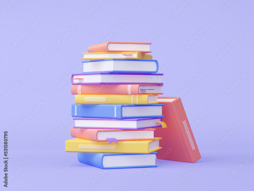 Pile of books 3D render isolated on background. Colorful illustration of hardcover literature volumes stack of different size and color lying on surface. Library icon. Reading hobby and education - obrazy, fototapety, plakaty 