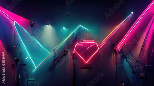 Pink and blue neon lights. Rock Band, Steampunk Background. Science fiction, cyberpunk, in a clubhouse.  © SJYG