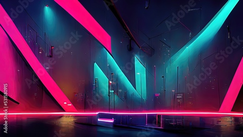 The studio is covered with pink and blue LED panels throughout the room.
Cyberpunk style and Sci-fi city. Club sounds and EDM. photo